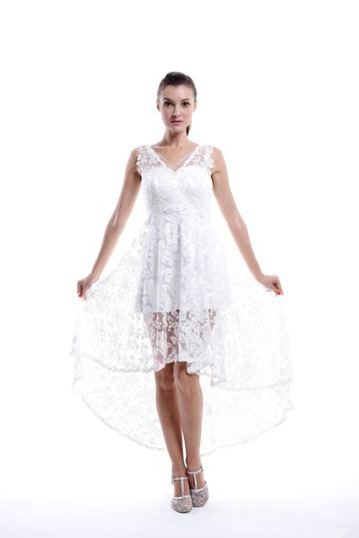 

2019 summer short front long back casual wedding dresses v neck sleeveless high low lace bridal gowns fashion new custom size, White