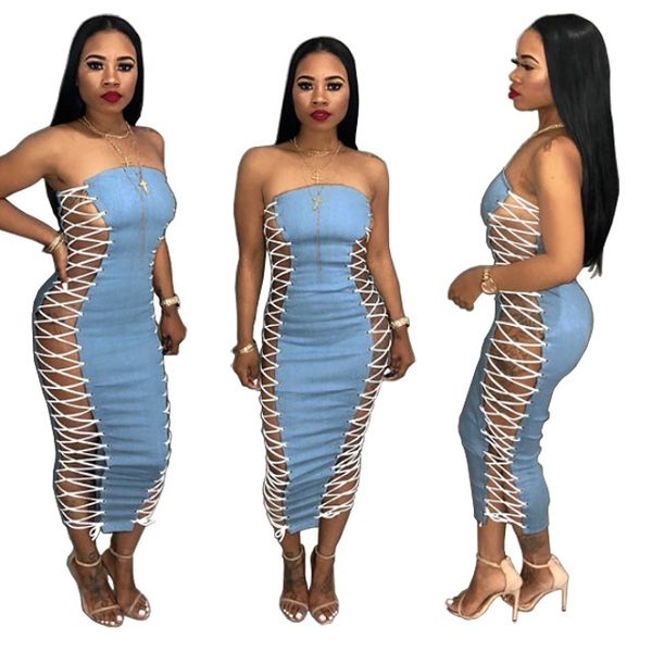 

women strapless pencil midi dresses summer double side cross lace up party dress clubwear vestidos robes, Black;gray