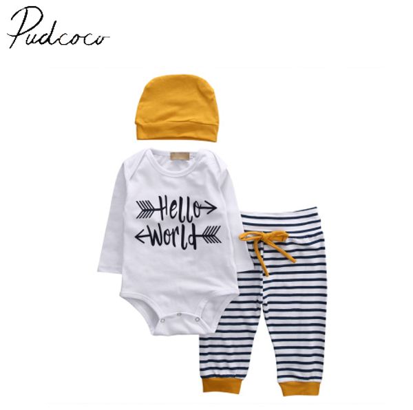 

3pcs summer bulk infant baby boy romper long sleeve hello world t-shirt+pants +beanie + hats outfit set clothes 3-18m, White