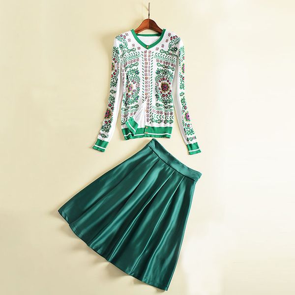 

runway sweater autumn winter 2017 fashion green leaves pink floral print knitted cardigan female cardigans + green a line skirt, White;black