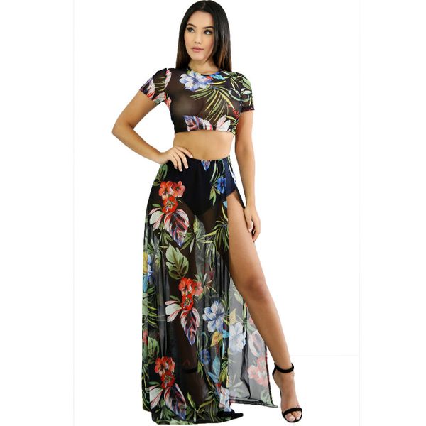 Sommer Folor-Länge Frauen 2 Stück Kleid 2018 Print Floral Crop Top mit langem Kleid Split Durchsichtig Maxi Bohemian Strandkleider Vestido