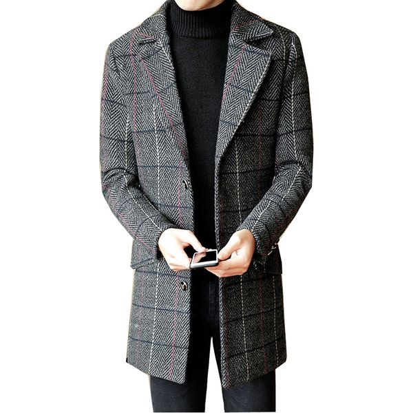 

autumn and winter plaid windbreaker male korean version of the self-cultivation in the long section plus cotton thick coat, Tan;black