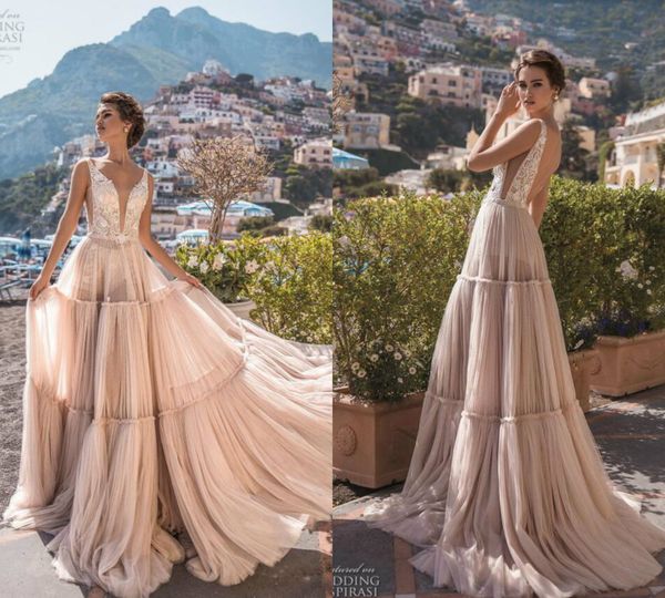 

bohemian wedding dresses deep v neck lace appliques sweep train backless boho wedding gowns plus size bridal dress custom made, White