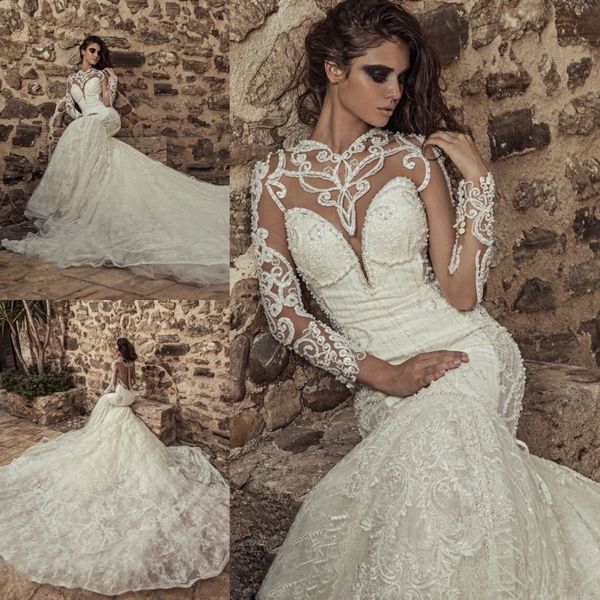 

2018 corona borealis mermaid wedding dresses with long sleeve lace tulle applique pearls vintage bridal dress sweep train backless wedding, White