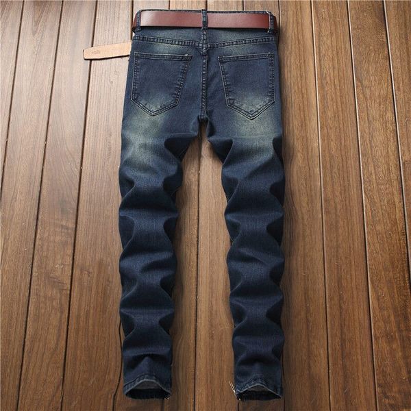 

cross-border men's jeans feet tight cotton stretch men's jeans hole men's jeans denim trousers good quality, Blue