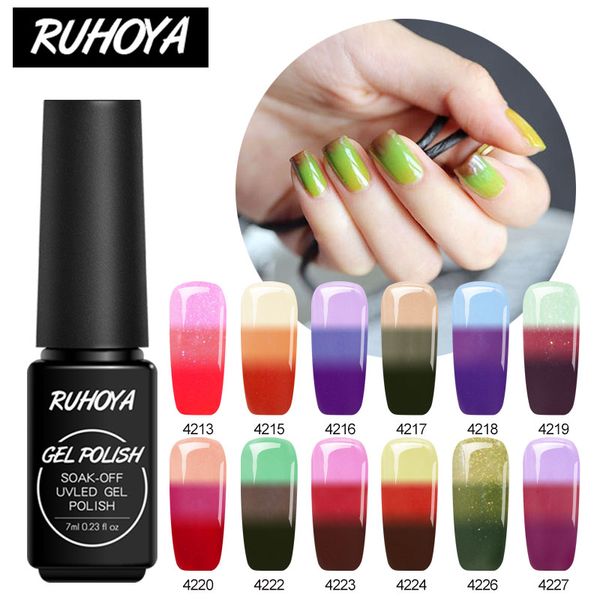 

ruhoya thermal nail polish chameleon art glitter gel polish temperature change uv gel hybrid lacquer soak off varnish, Red;pink