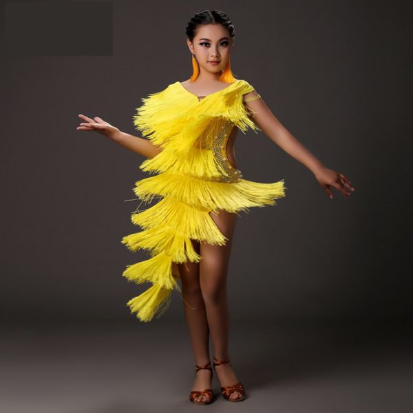 

yellow sequins tassel kids latin dress pink modern dance dress for girls dance competition salsa rumba latin, Black;red