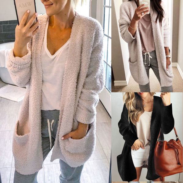 

women winter loose cardigan black white sweet warm coats long length big pockets outerwear ing