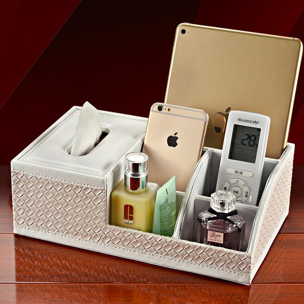 

patented 5 compartment leather tissue holder cosmetics display case makeup organizer remote control iphone pencils storage box