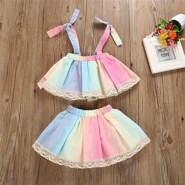 

baby girl summer clothes 2018 new sleeveless strap lace rainbow +bottoms skirt 2pcs children girls outfits set kids suit for 1-5 years, White
