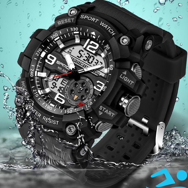 

sanda watch mens watches double display digital watch waterproof design led display wristwatch male, Slivery;brown