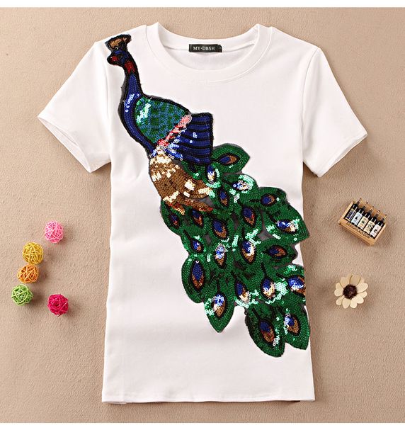 

Noble Elegant T Shirt Women Peacock Sequined Sequins T -Shirt Womens Fashion New Top Tee Shirt Femmer Lady Sakura Clothes