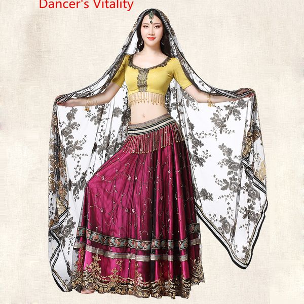 

2018 dancewear belly dance dance performance clothing, hand embroidered competition costume (+ belt + skirt +veil, Black;red