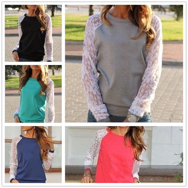 

women lady sleeve lace patchwork party shirts long m243 womens shirt clothing xhfvm, Black