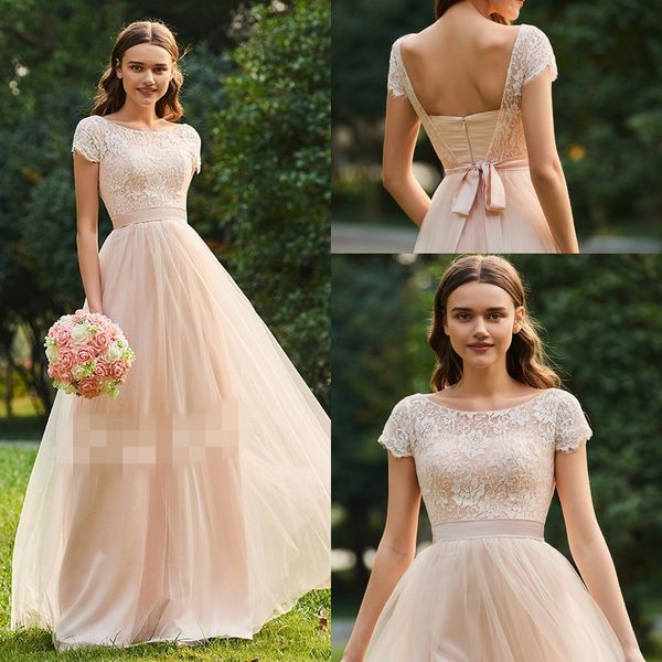 Longo Lace Tulle Modest Vestidos Dama De Honra Com Mangas Curtas A-line Até O Chão País Rústico Boho Wedding Party Dress Maid of Honor Vestido