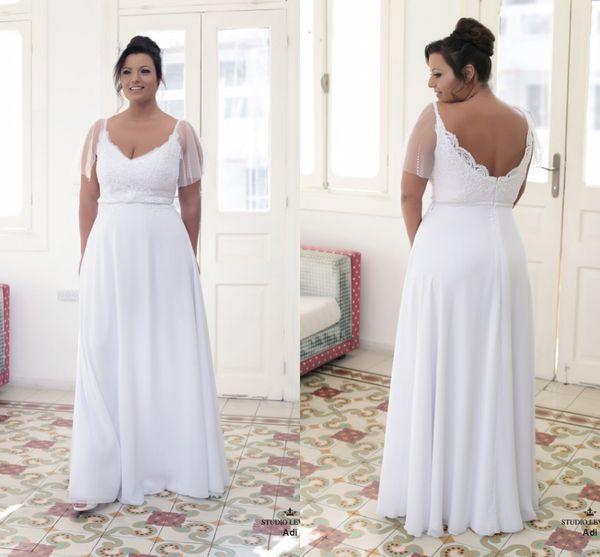 

2022 romantic designer plus size wedding dress chiffon v neck with sheer short sleeves beaded long floor length bridal gowns new, White
