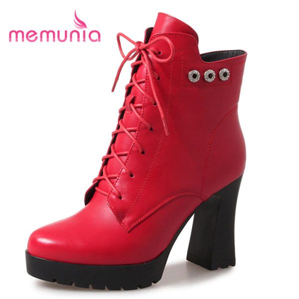 

memunia 2018 new arrive ankle boots simple high heels cross tied women boots classic square heels winter, Black