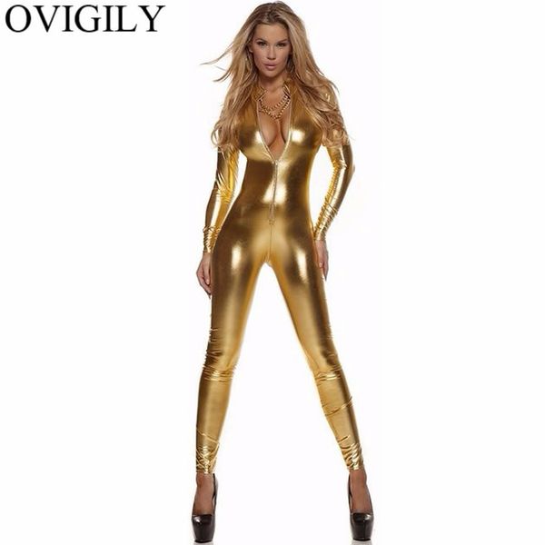 

ovigily women's full body suit black long sleeve catsuit female lycra red front zip metallic unitard turtleneck bodysuit costume