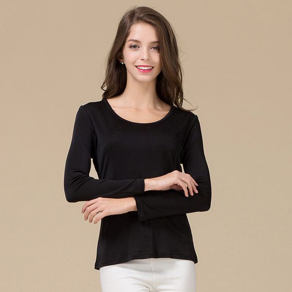 

Women Silk Round Neck Shirt Slim Long Sleeve T Shirt Mulberry Silk Double Knit Pullover Base Blouse Spring Autumn Women Blouse