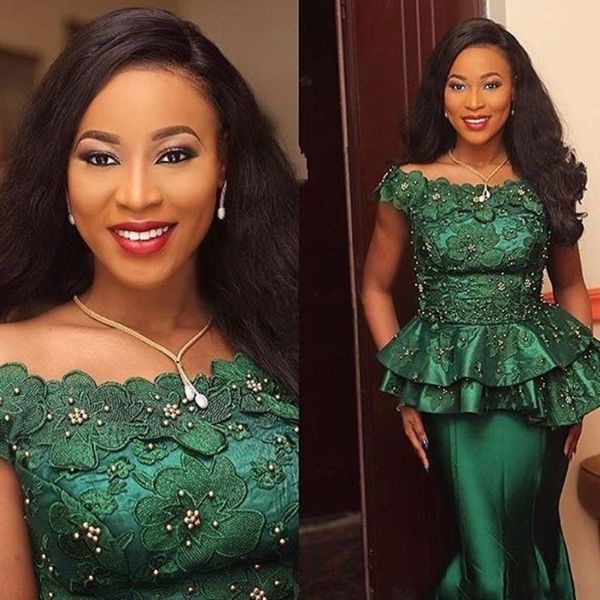 

nigeria style dark green mermaid prom dresses 3d flora appliques off shoulder beads satin formal dress glamorous special occasion dresses, Black