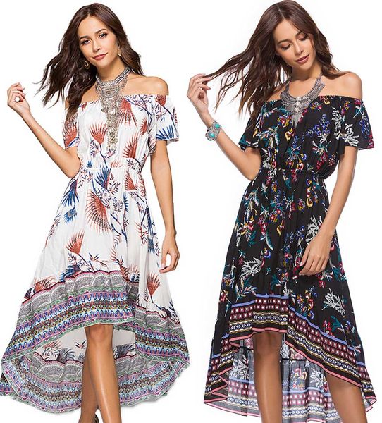 

women beach bohemia dress hi-lo elastic waist retro irregular ethnic floral print slash neck casual - xl summer fashion clothes, Black;pink