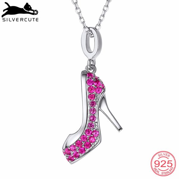 

silvercute fashion full pink crystal high heels shoes pendant women girls necklace fine 925 sterling silver jewelry scp6320b