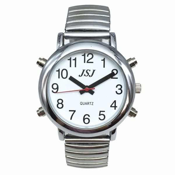 

spanish talking watch with alarm, white dial, only one button, expansion band, Slivery;brown