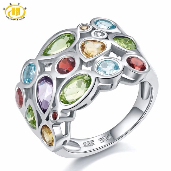 

hutang multi gemstone jewelry genuine z garnet citrine solid 925 sterling silver cluster ring for women fine jewelry gift, Golden;silver