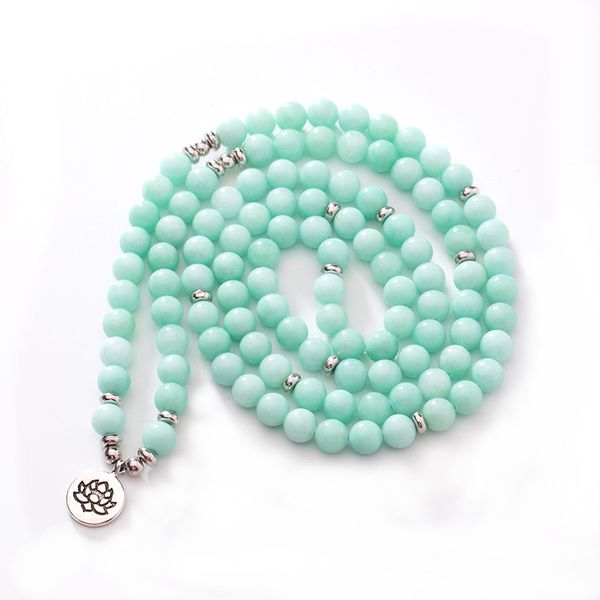 

trendy women's 8mmnatural sky blue stone bracelet 108 mala bracelet lotus pendant chakra necklace yoga prayer wholesale, Black
