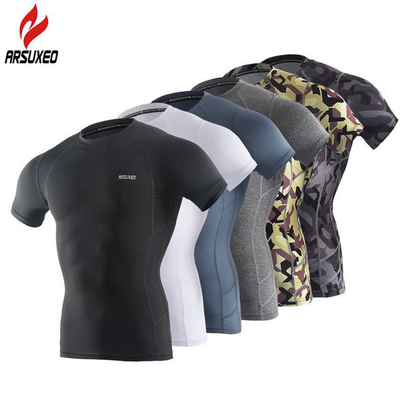

arsuxeo sport shirt men short sleeve elastic quick dry compression t shirt base layer running gym wear fitness sportswear, Black;blue
