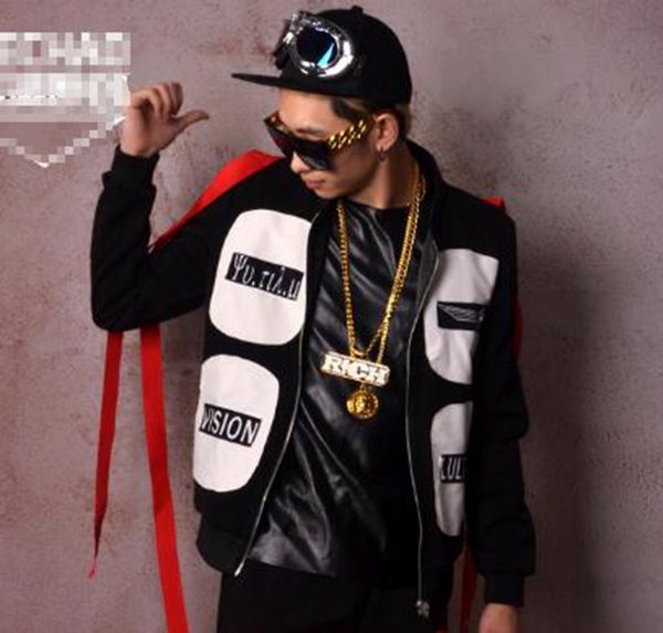 

man han edition of the new fashion boutique personality anchor bar singer stage costumes red ribbon buiter hip-hop baseball uniform m - 2 xl, Black;red