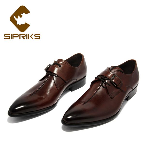 

sipriks men single monk strap shoes pointed toe derby shoes with buckle straps boss genuine leather red brown wedding shoe, Black