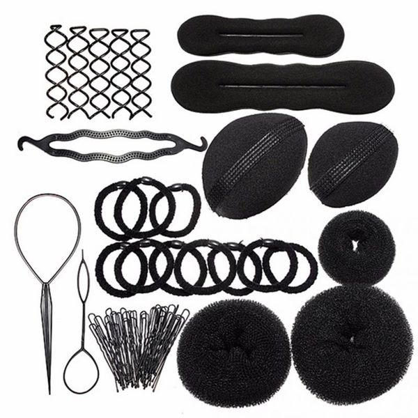 

brand new 9 in 1 pro hair bun clip maker pads hairpins roller braid twist sponge styling accessories tools kit set, Brown