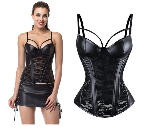 

women's punk bustier plus faux leather gothic corset lace padded bra waist cincher match lace up side leather mini skirt, Black;white