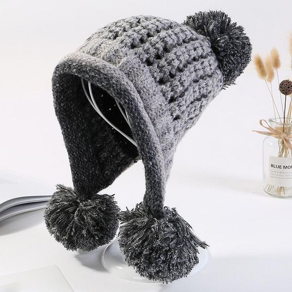 

winter new pompom ball mixed color women knitted hat scarf two-piece set thick warm earmuffs skullies beanies cap girl ski cap, Blue;gray