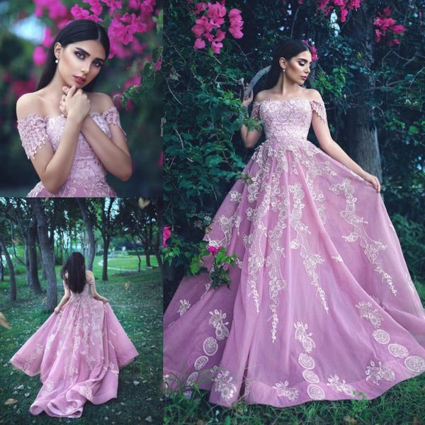 Stunning rosa Prom Dresses Lace fuori dalla spalla paillettes abiti di sera di sweep treno appliqued vestidos de fiesta Tulle vestito convenzionale