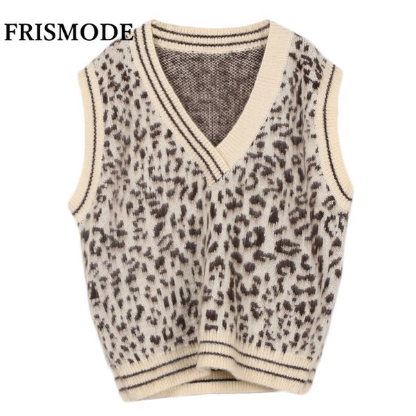 

2018 new autumn winter women's knitted sweater v-neck sleeveless leopard loose casual vest female sweaters apricot khaki, White;black
