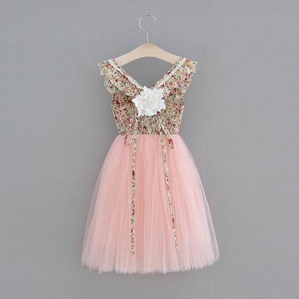 

2018 new girl princess dress beige floral mid calf length soft pink gauze backless sweet dress children clothing 2-7y hh001, Red;yellow