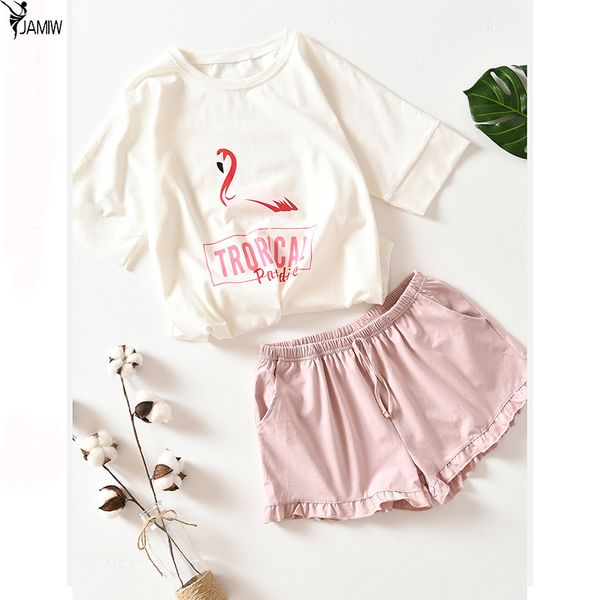 

cotton flamingo short-sleeved shorts home service suit women pajamas set, Blue;gray