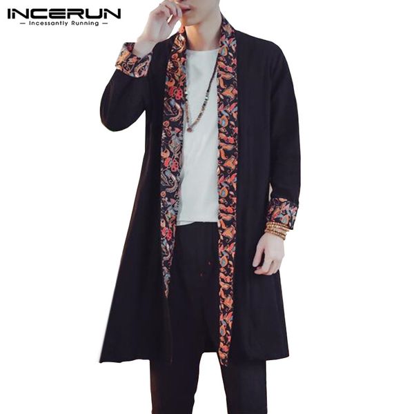 

incerun men long outwear trench floral patchwork cardigan men long sleeve autumn casual chinese style coat cloak hombre 2018 5xl, Tan;black