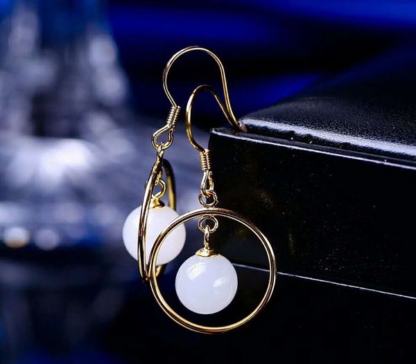 

hetian baiyu silver drop earrings new bead drop earrings h18#, Golden;silver