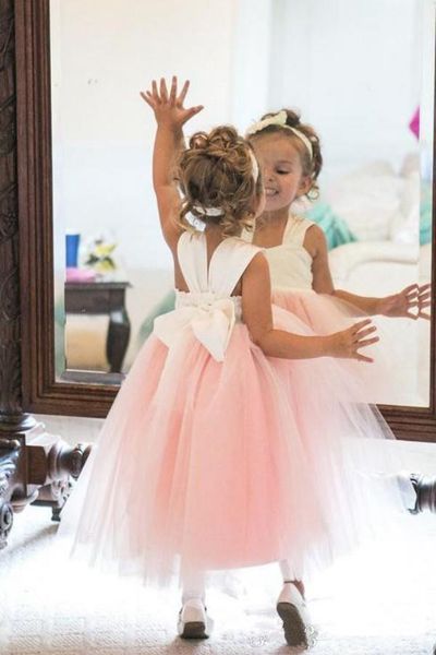 

white and pink princess flower girls dresses matched bow ball gown ankle length tulle child first communion dresses 2019 new design f010, White;blue