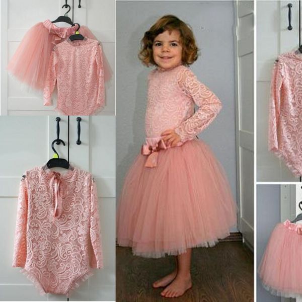 Niedliche rosa zweiteilige Baby-Partykleider, Spitzenoberteil und Tüllrock, Blumenmädchenkleid für Hochzeit, lange Ärmel, Mädchen-Festzug-Kleider, günstig