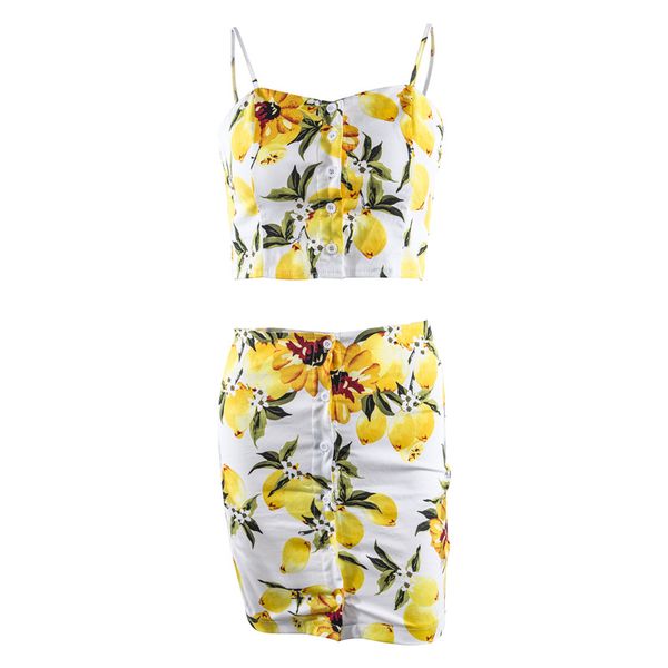 

Fashion Polyester Off Shoulder Two Piece Set Women Lemon Print Crop Top Skirts Women Tracksuits Buttons Women 'S Suit Female