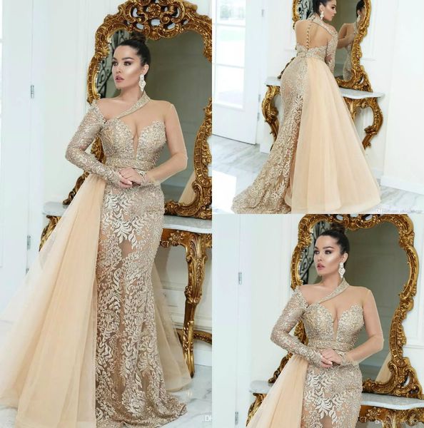 

saudi arabic champagne evening dresses with overskirts 2019 long sleeve lace prom dress sweep train zuhair murad formal party gowns, Black;red