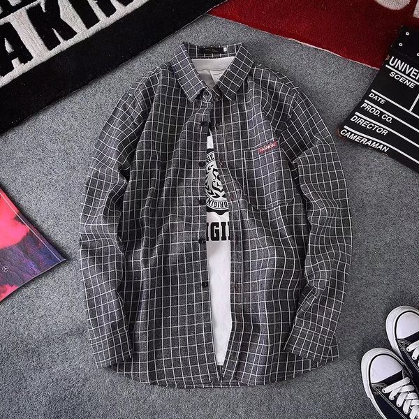 

2018 new pattern tile leisure time tide proprieties original lattice male long sleeve shirt price popular trend letter, White;black