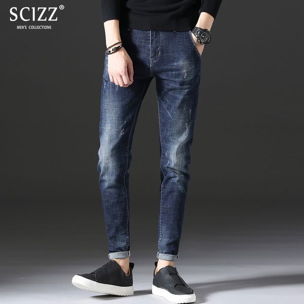 

2018 new autumn men strech bule jeans distressed denim pencil pants skinny trousers casual jeans brand, Blue