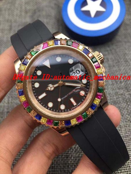 

luxury watches rose gold rainbow diamond 116695sats new rubber bracelet black dial automatic fashion brand mens watch wristwatch, Slivery;brown