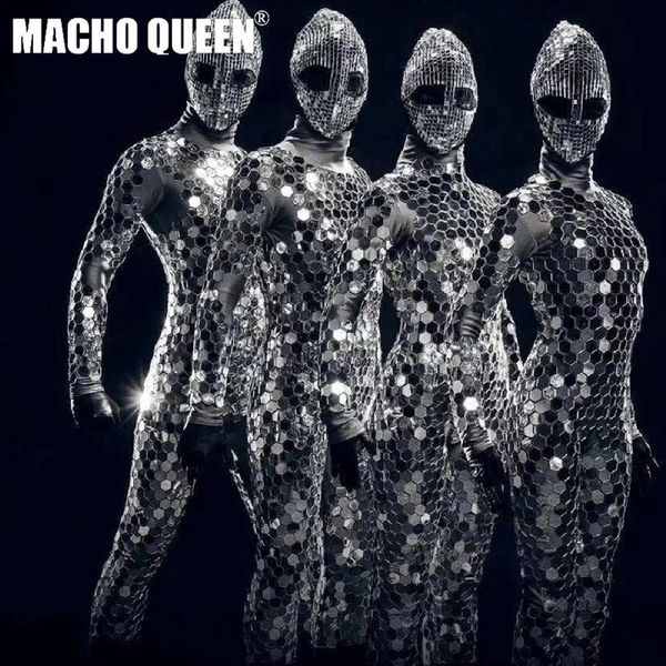 

full mirror alien mask jumpsuit drag queen costumes women's celebrity outfit stage dance wear costumes for singers fashion show, Black;red