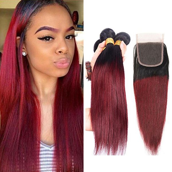 

8a ombre brazilian silky straight virgin hair weaves two tone 1b99j burgundy wine red peruvian malaysian 3 bundles with closure 4pieces/lot, Black;brown